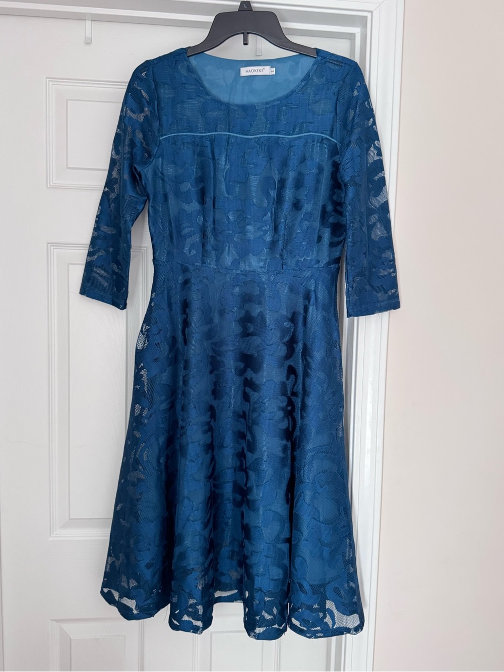 HAOKEKE Size Small Teal Blue Floral Lace Fit & Flare Midi Dress